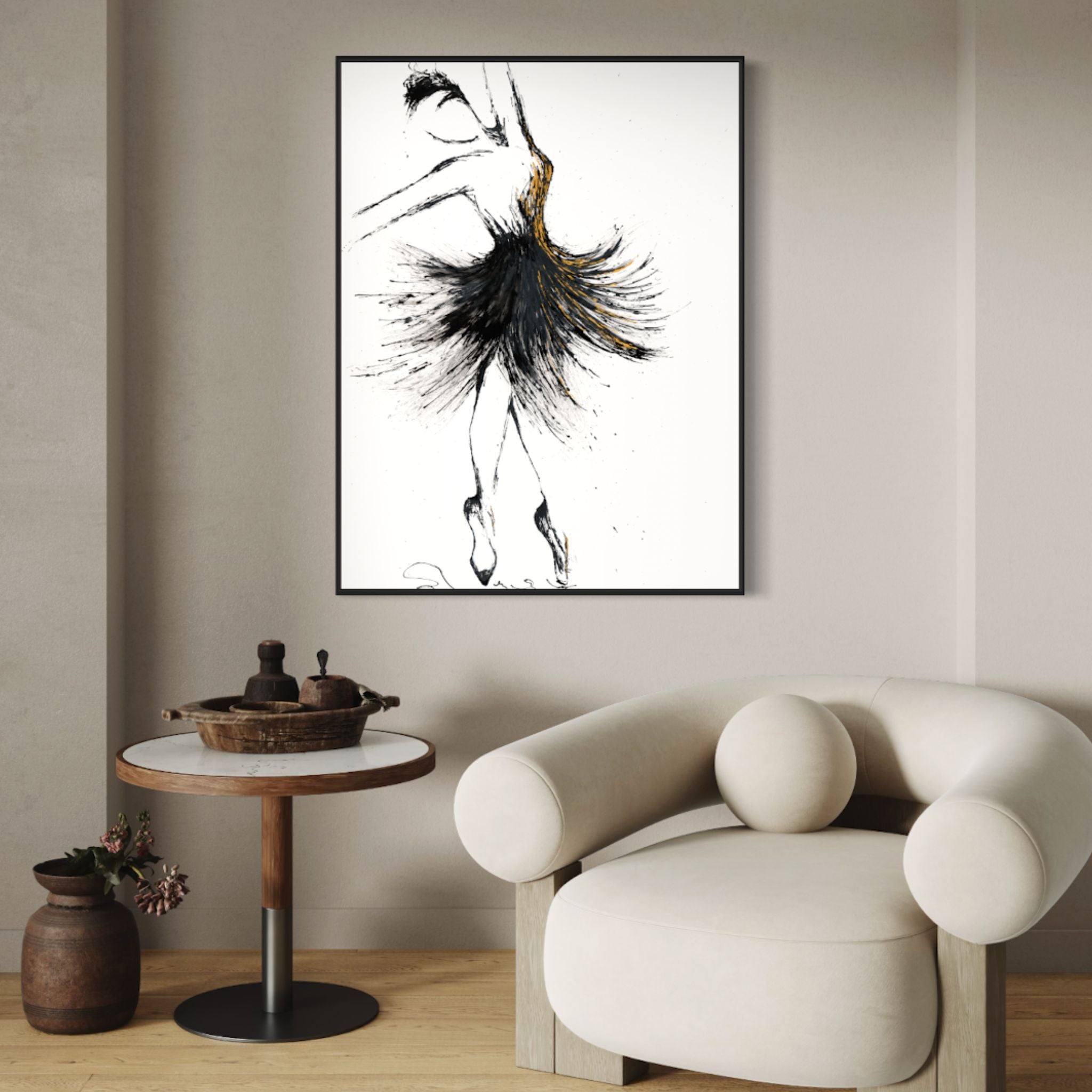 "In the Moment" - a modern canvas art print featuring a ballerina in an en pointe pose.