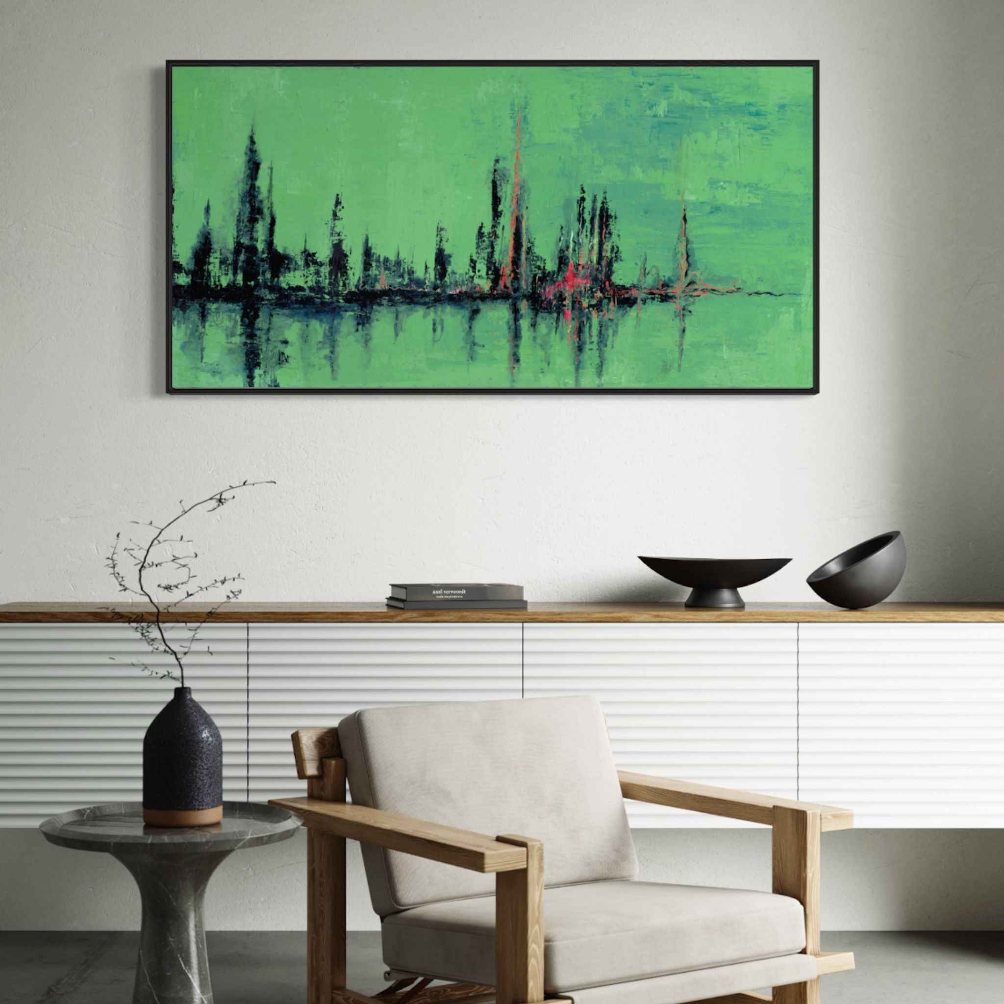 "Reflections" is a striking abstract artwork my Mya Zen, a reminiscent of a cityscape at night. Featuring bold charcoal knife strokes, accented with vibrant fluoro pink and red highlights against a backdrop of jade green, creating a captivating contrast