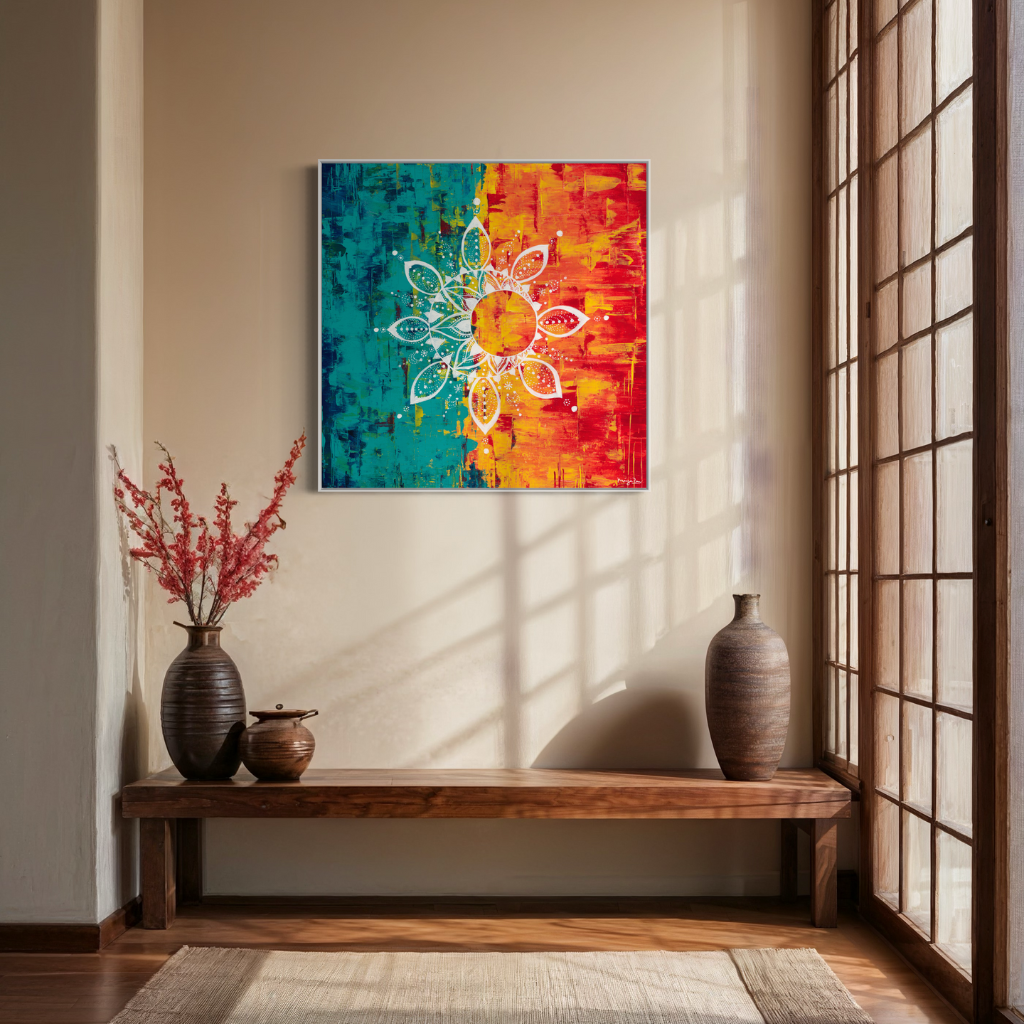 An exquisite Mandala artwork with the vibrant contrast of cool and warm colours. Handcrafted with precision to add a touch of elegance and calm to any space. Choose from framed or non-framed options. Displayed on a beige wall with wooden side hall table.