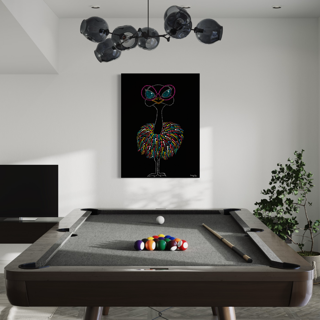 Add a splash of style and flamboyance to your home with this modern abstract ostrich framed canvas print. A colourful and vibrant ostrich painted with dotting technique. Displayed on a white wall with pool table.